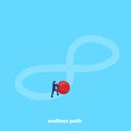 A man in a business suit is rolling a big red ball on the sign of infinity Royalty Free Stock Photo