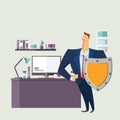 Man in business suit with a shield in front of computer desk. Protecting your personal data. GDPR, RGPD, DSGVO. General Royalty Free Stock Photo