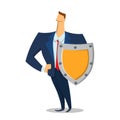 Man in business suit with a shield looking forward. Security and protection. Protecting your personal data. GDPR, RGPD