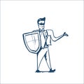 Man in business suit shield protecting computer office deck General Data Protection Regulation GDPR concept hand drawing Royalty Free Stock Photo