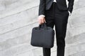 Man in business suit standing holding briefcase beginning of working day. Royalty Free Stock Photo