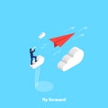 A man in a business suit stands on a cloud and looks in a telescope on a flying paper plane