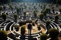 A man in a business suit stands in front of the entrance to the labyrinth. make difficult choices and open many doors in