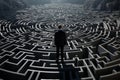 A man in business suit stands in front of labyrinth entrance. Businessman faces difficult choices and many open doors in