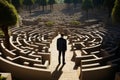 A man in business suit stands in front of labyrinth entrance. Businessman faces difficult choices and many open doors in