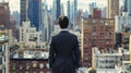 A man in a business suit stands on a rooftop back to the camera as takes in the bustling city skyline. looks pensive and