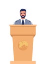 Man in a business suit stands on a rostrum in front of the microphones. Man orator speaking from tribune. Vector illustration