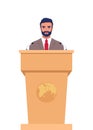 Man in a business suit stands on a rostrum in front of the microphones. Man orator speaking from tribune. Vector illustration