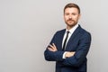 Man in business suit on studio gray background. Manager, director of company, successful businessman Royalty Free Stock Photo