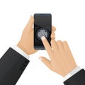 Man in a business suit unlocks a smartphone with a fingerprint scanner. Concept of security and biometric identification Royalty Free Stock Photo