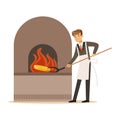 Man in a business suit and white apron forging money in furnace, make money concept vector Illustration