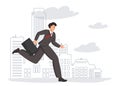 A man - a businessman in a business suit with a briefcase runs quickly against the backdrop of office city buildings. Fast pace of