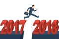 Man businessman jumps from 2017 to 2018