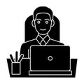 Man businessman in office at table with laptop front view icon, vector illustration, black sign on isolated background Royalty Free Stock Photo