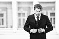 Man or businessman with serious face in black jacket, tie Royalty Free Stock Photo