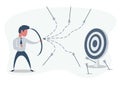 Man or businessman shooting arrow at target with bow and missing. Business concept of failure. Royalty Free Stock Photo
