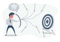 Man or businessman shooting arrow at target with bow and missing. Business concept of failure. Royalty Free Stock Photo