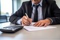 man businessman sitting business manager caucasian calculator writing computer workplace office. Generative AI.