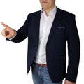 Man, businessman, stands, shows a finger, business concept, close-up, copy space, white isolated background