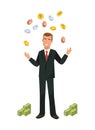 Man, businessman, working character, juggles with metal money.