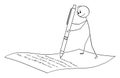 Man or Businessman Writing with Pen on Sheet of Paper, Signing Agreement, Vector Cartoon Stick Figure Illustration