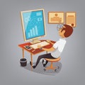 Man busy working with computer in office. Business concept vector illustration in cartoon style. Manager makes sales Royalty Free Stock Photo