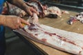 Man butcher at the freezer cutting meat. Meat pork or beef on table in butchery Royalty Free Stock Photo