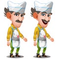 Man butcher in working apron with blood stains. Two characters in serious and cheerful mood. Cartoon style. Vector