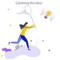 Man with butterfly net catching flying winged lightbulb. Concept of chasing or pursuing innovative business idea