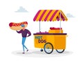 Man Buy Street Food, Takeaway Junk Meal from Wheeled Cafe or Food Truck. Tiny Male Character with Huge Hot Dog at Booth