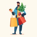 man buyer holding shopping bags with fruits and vegetables organic natural food eco local grown products world Royalty Free Stock Photo