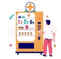 Man buying medicinal drugs from pharmacy vending machine, flat vector illustration. Medicine vending machines.