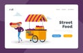 Man Buying Street Food, Takeaway Junk Meal from Food Truck Landing Page Template. Restaurant Wagon Transport on Wheels