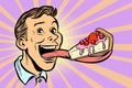 Man with a cake in a long tongue Royalty Free Stock Photo