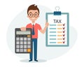 Man with calculator and tax form. Tax payment. Financial tax accounting, audit or accounting services. Cartoon illustration