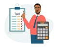 Man with calculator and tax form. Tax payment. Financial tax accounting, audit or accounting services. Cartoon illustration