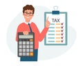 Man with calculator and tax form. Tax payment. Financial tax accounting, audit or accounting services. Cartoon illustration