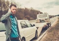 Man calling near his broken car Royalty Free Stock Photo