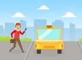 Man Calling Taxi Using Mobile App, Online Taxi Service Concept Cartoon Vector Illustration