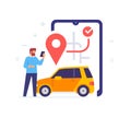 Man calls a taxi through the app icon, illustration. Smartphones tablets user interface social media.Flat illustration