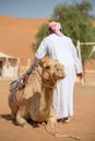 Man with camel in Wahiba Sands desert in Oman Royalty Free Stock Photo