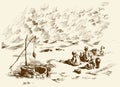 Man and camels at withered well in desert. Vector drawing