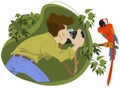 Man with camera photographs parrot. Illustration for internet and mobile website