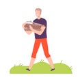 Man Camper Carrying Pile of Fire Wood Vector Illustration Royalty Free Stock Photo