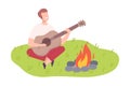 Man Camper Sitting at Campfire and Playing Guitar Vector Illustration