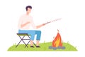 Man Camper Sitting on Chair at Campfire and Frying Marshmallow Vector Illustration