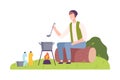 Man Camper Sitting on Log at Campsite and Boiling Soup in Caldron Vector Illustration