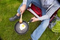 Man On Camping Holiday Frying Egg In Pan Royalty Free Stock Photo