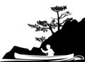Man in canoe boat exploring wild river banks black and white vector silhoette