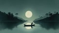 Man Canoeing Under Full Moon In Dark Green And Aquamarine Landscape Royalty Free Stock Photo